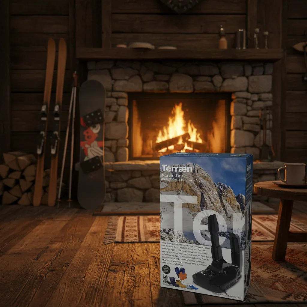 Terraen Nordic-Dry boot dryer near cozy ski cabin fireplace with rustic wooden interior and winter sports equipment.