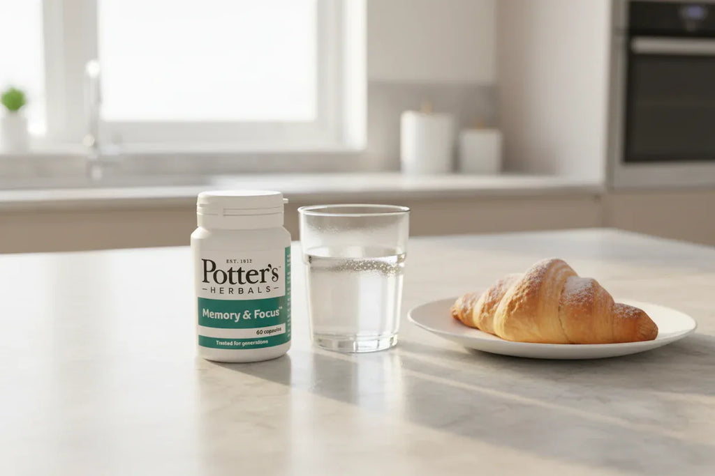 Potter's Herbals Memory & Focus bottle on kitchen island with glass of water and croissant — breakfast morning routine lifestyle