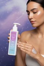 Woman applying Pacifica Dream Moon Body Lotion with smooth glowing skin dreamy purple background