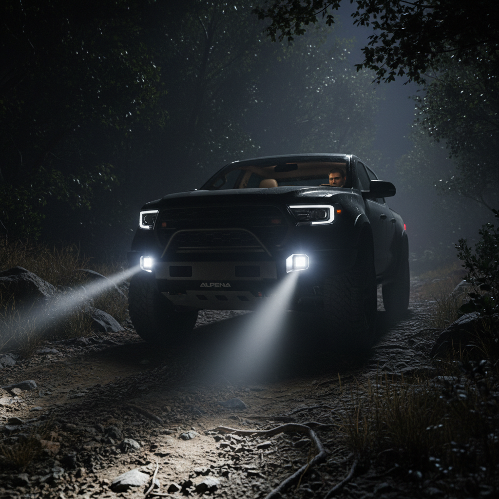 Alpena Spot Ranger LED accent lights on black truck white spot beams cutting through darkness off-road trail night cinematic - More4less Outlet