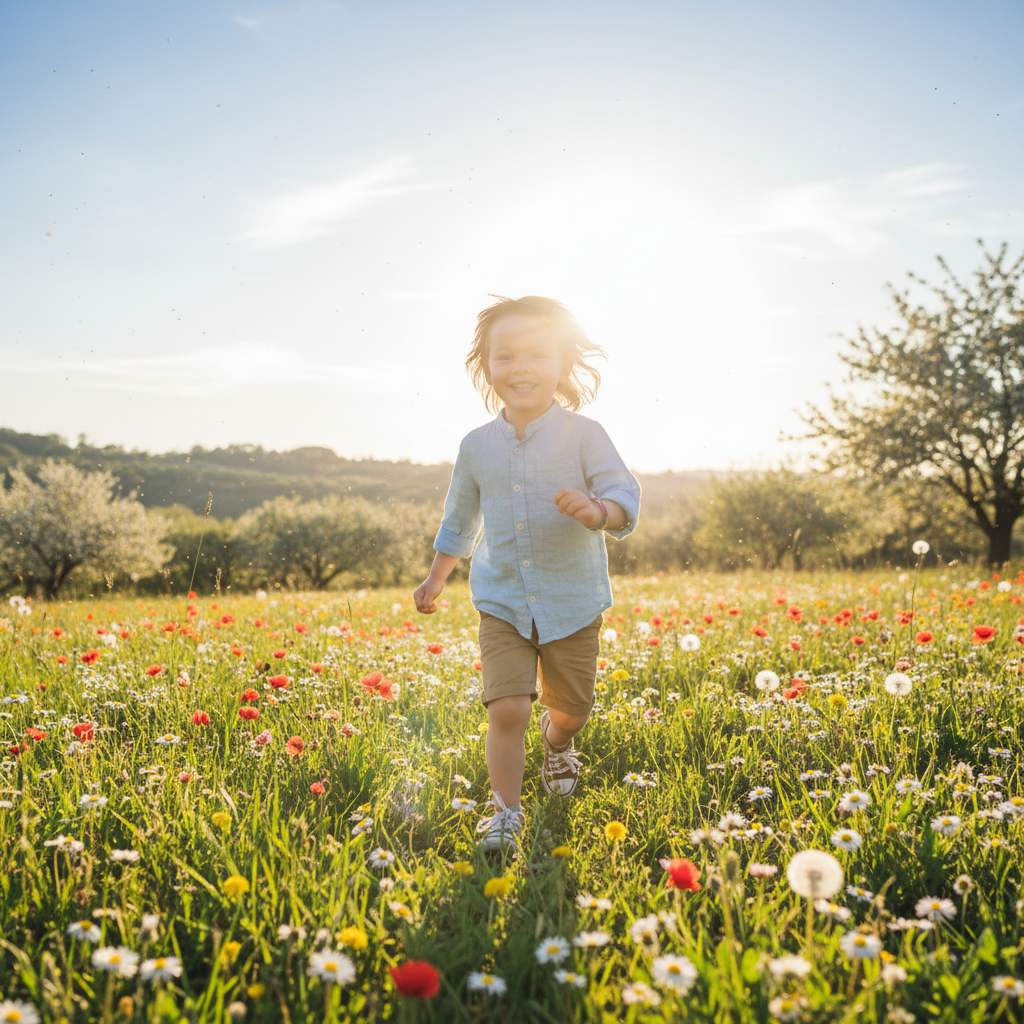 Happy healthy child playing outdoors in a field of flowers on a sunny spring day, allergy season lifestyle