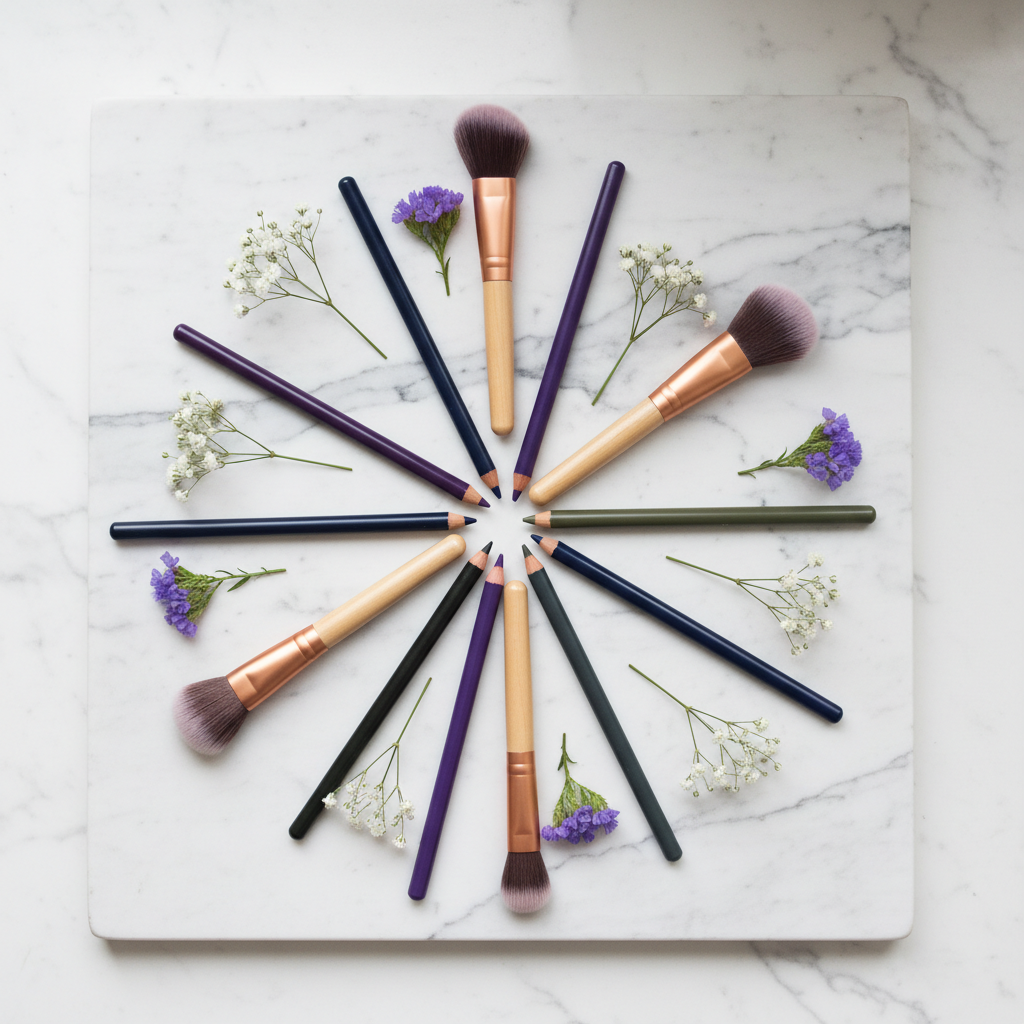 Flat lay of eyeliner pencils in dark shades on marble surface