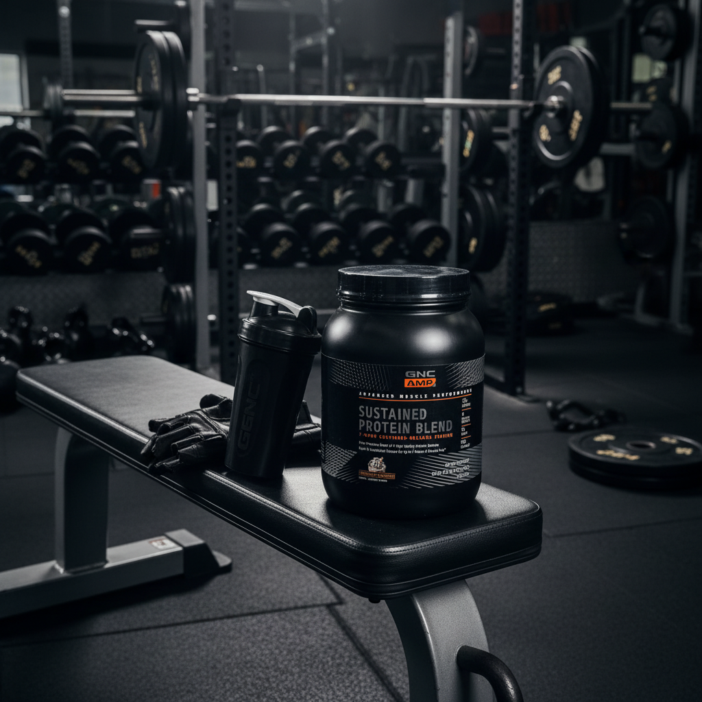 GNC AMP Sustained Protein Blend Chocolate Milkshake container on a gym bench next to a shaker bottle and workout gloves.