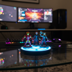 Iron Man, Thor, and Black Widow Disney Infinity 2.0 figures on glowing USB Infinity Base on glass coffee table