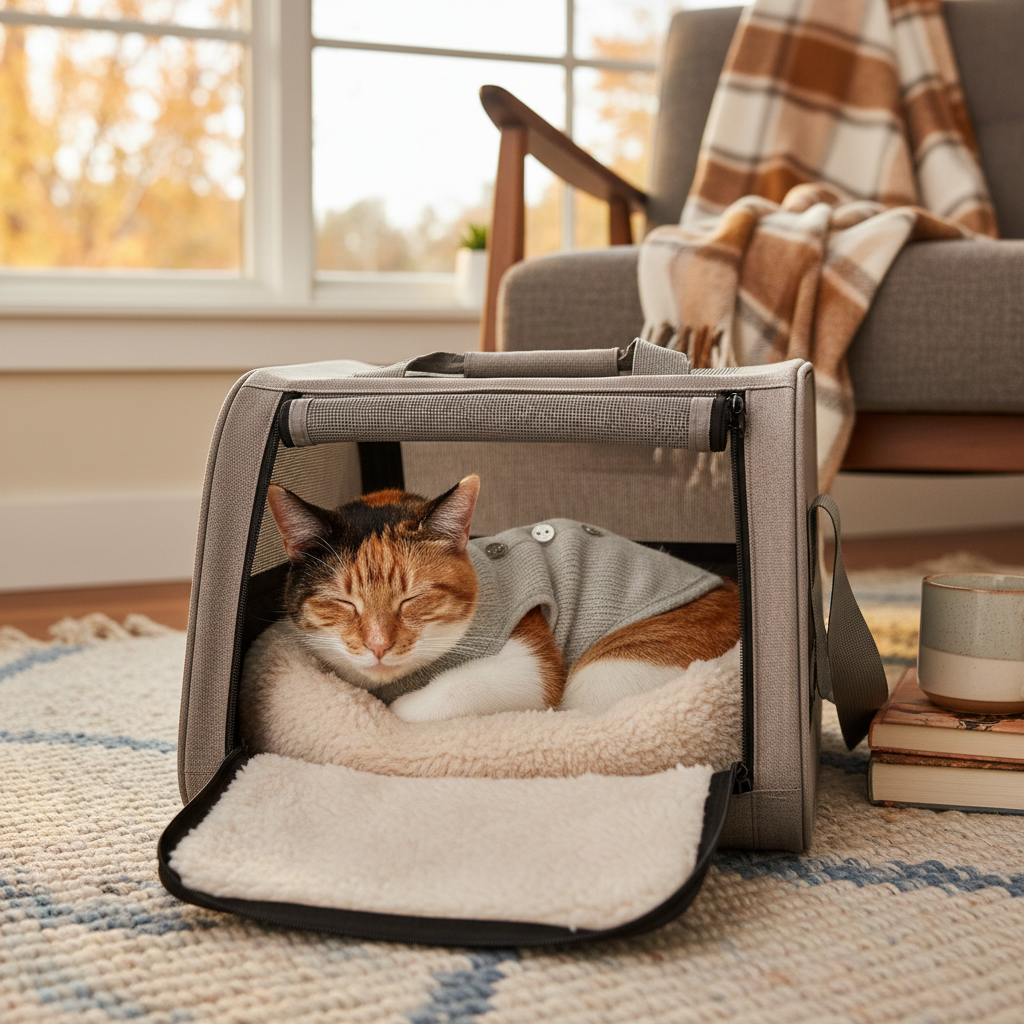 Small cat in light grey vest relaxing inside open pet carrier in cozy home setting