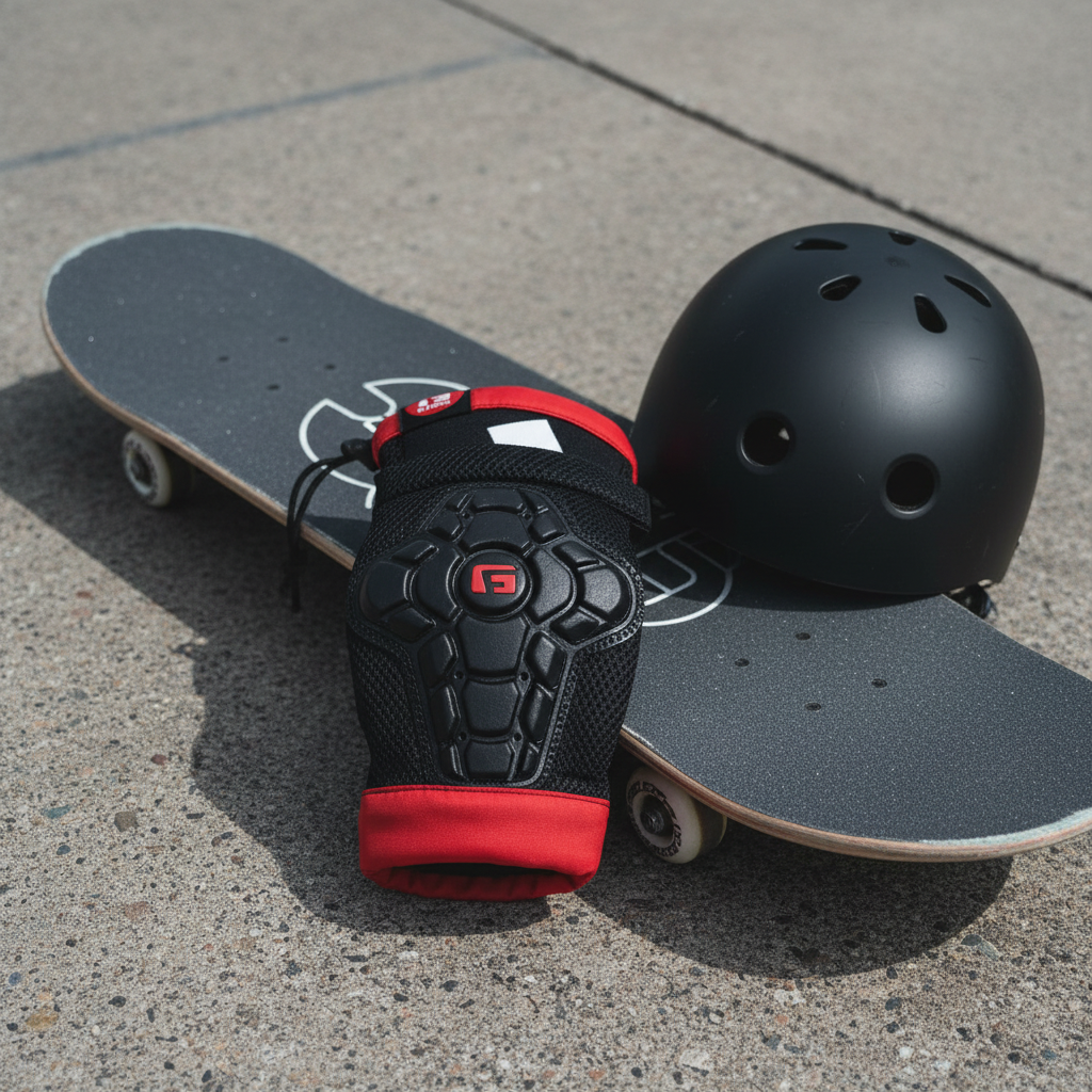 G-Form Youth Pro-X2 Knee Pads flat lay on concrete skate park with skateboard and helmet