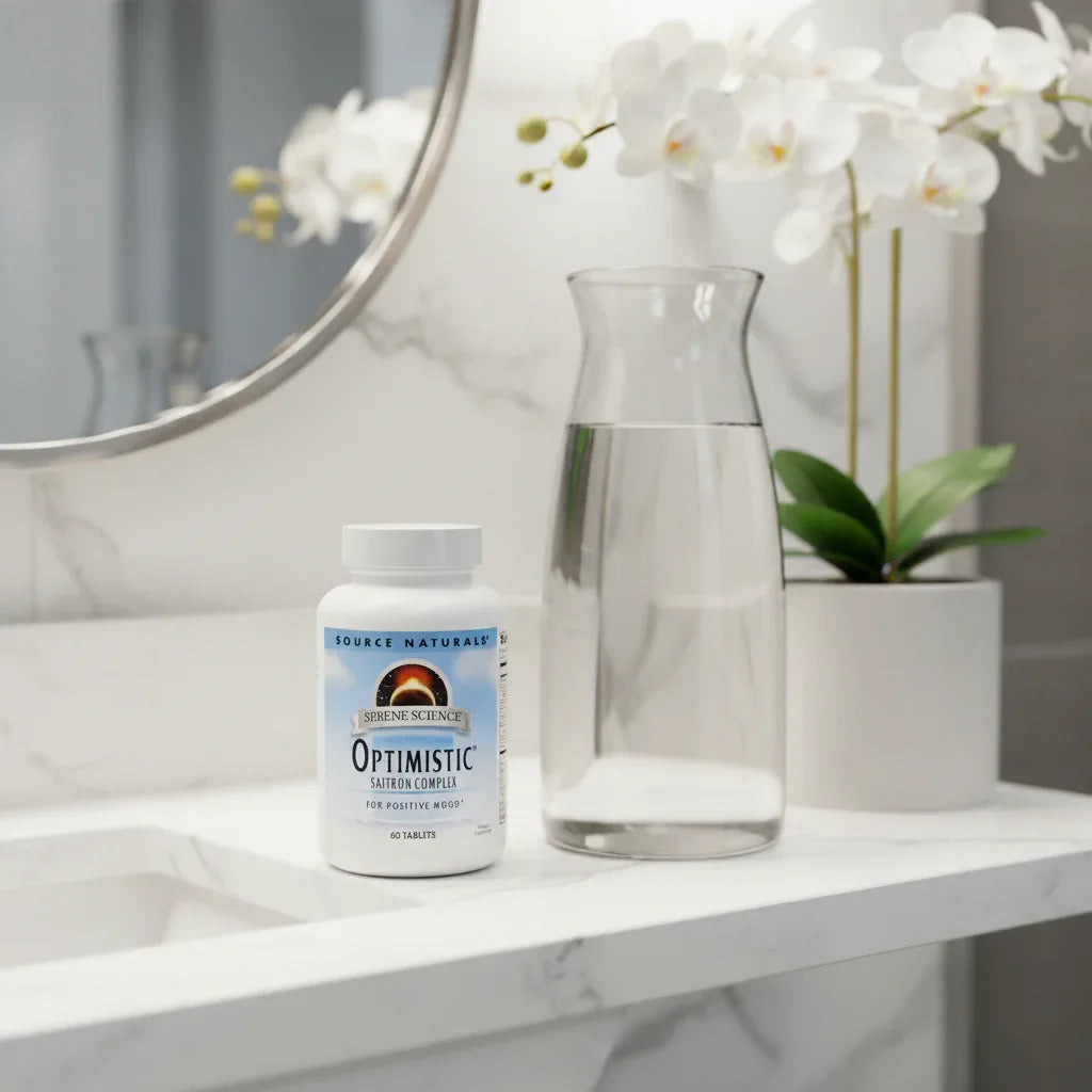 Source Naturals Optimistic Saffron Complex bottle on bathroom quartz vanity with white orchid and glass carafe of water