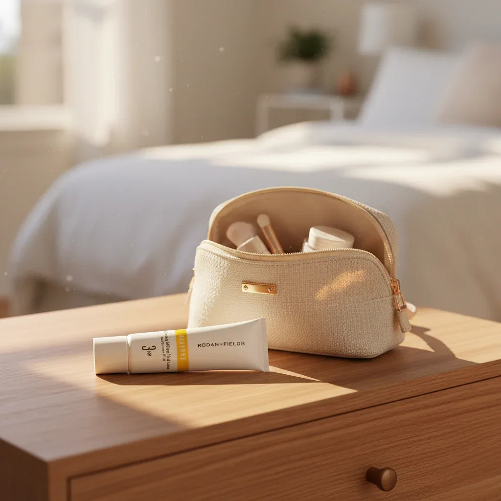 Rodan + Fields Reverse Brightening Defense Fluid SPF 50 tube next to open premium cosmetics bag on wood-grain dresser in bright sun-lit bedroom
