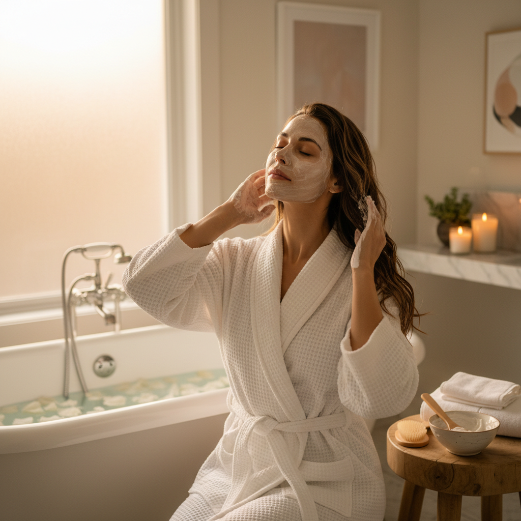 Woman applying a luxurious hair mask in a bright spa-like bathroom with warm lighting