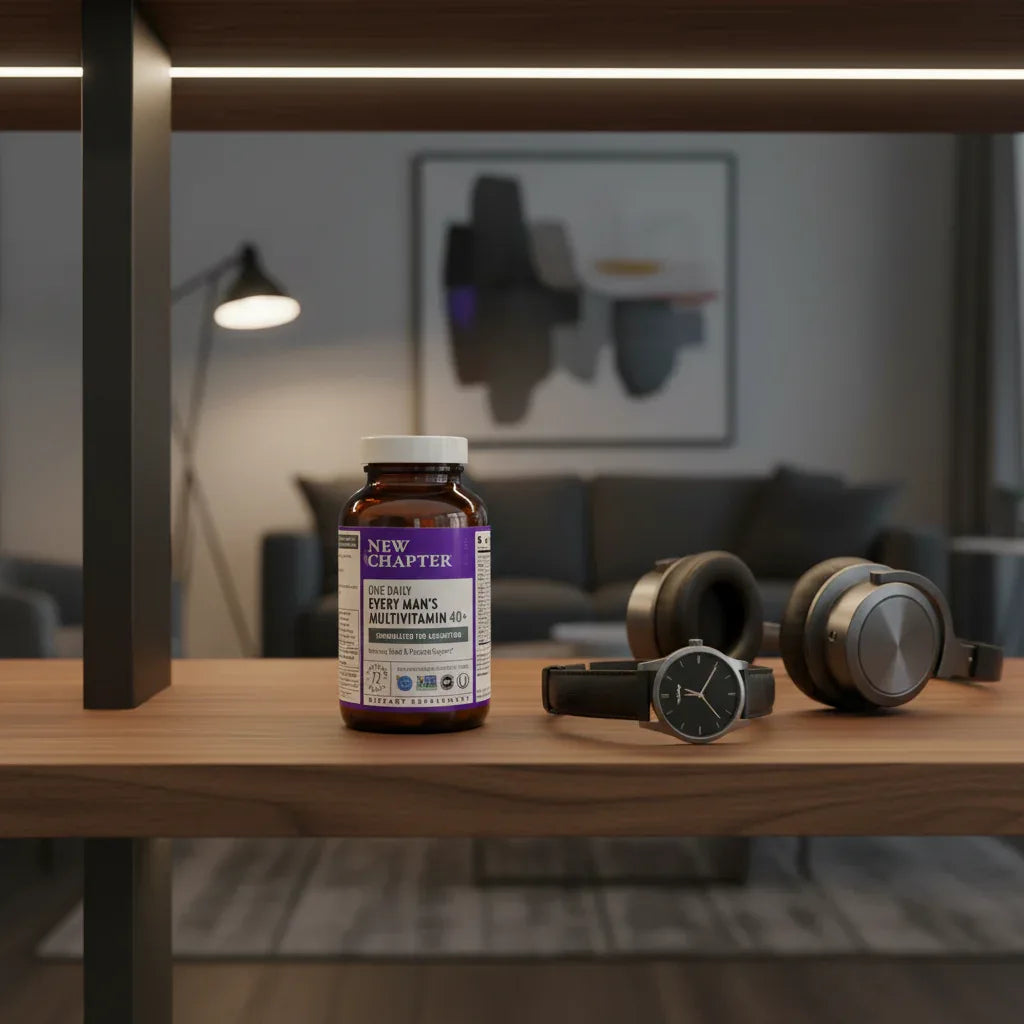 New Chapter Every Man's 40+ Multivitamin amber bottle on dark oak media shelf in modern lounge with metallic watch and high-end headphones