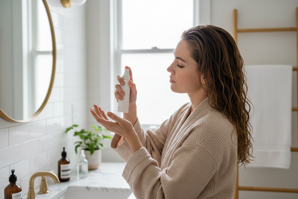 Woman applying leave-in scalp treatment spray to damp hair in bright modern bathroom hair care routine lifestyle photo
