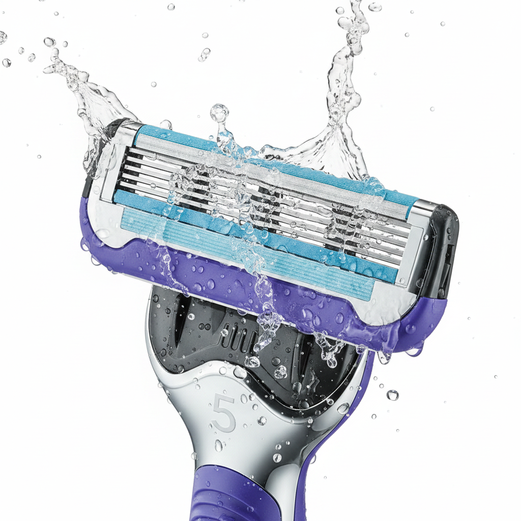 Fresh water splashing over a high-quality 5-blade contour razor cartridge