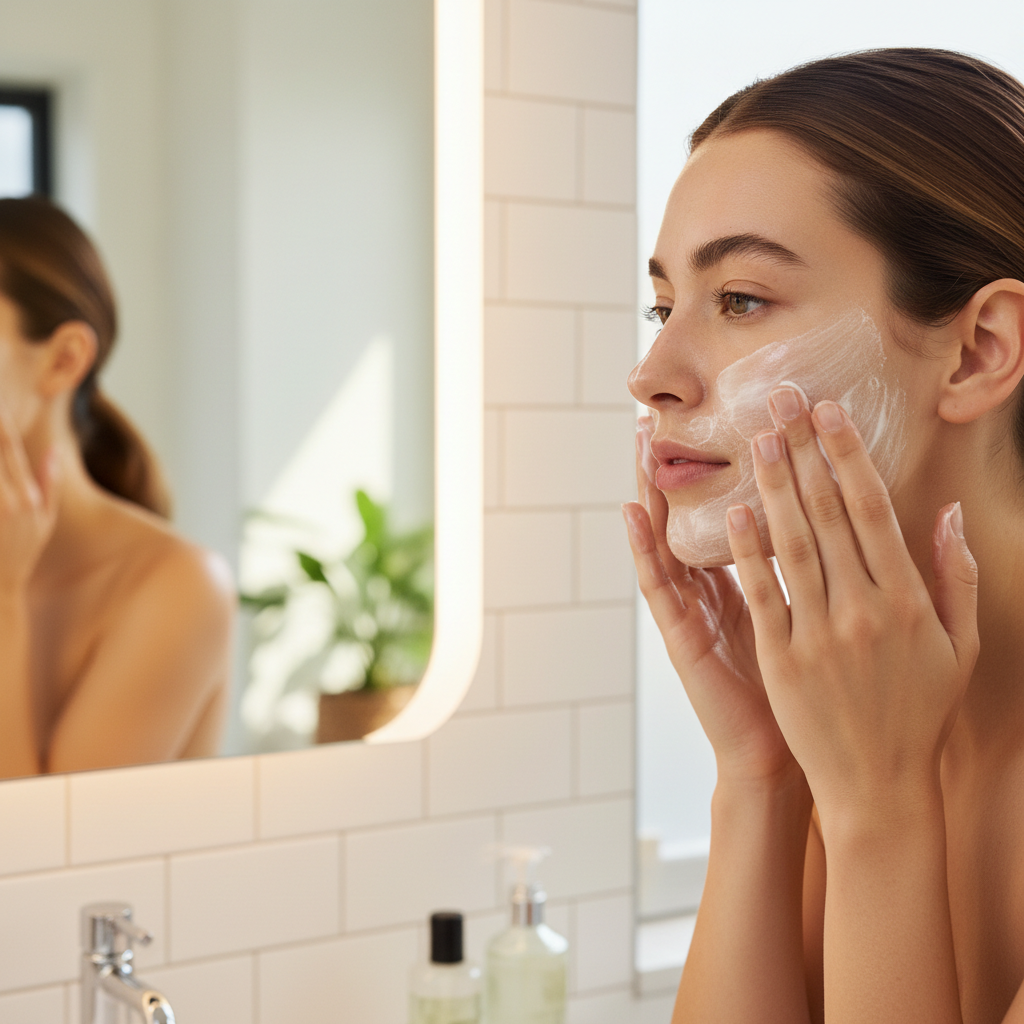Woman gently massaging cream cleanser onto her face in circular motions at a bright bathroom mirror