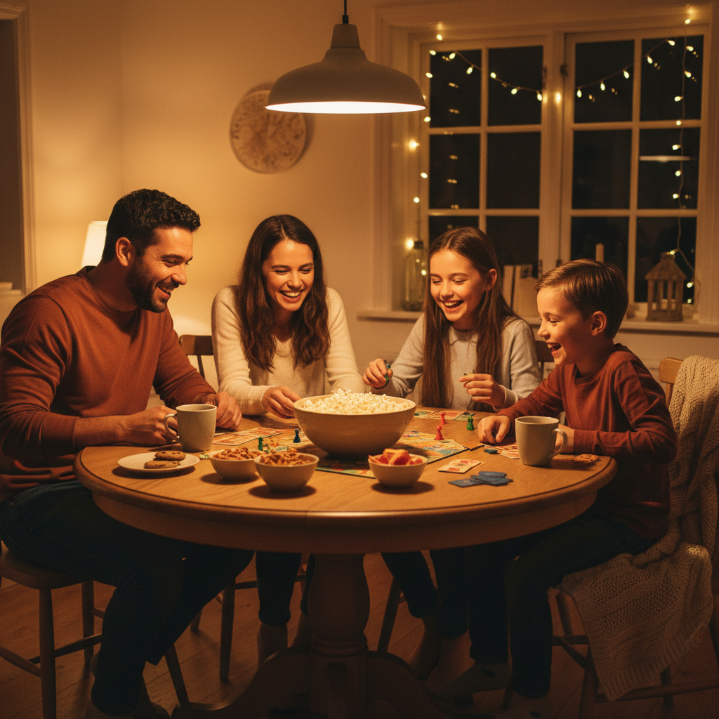 Family of four enjoying a board game together at the kitchen table on a cozy evening