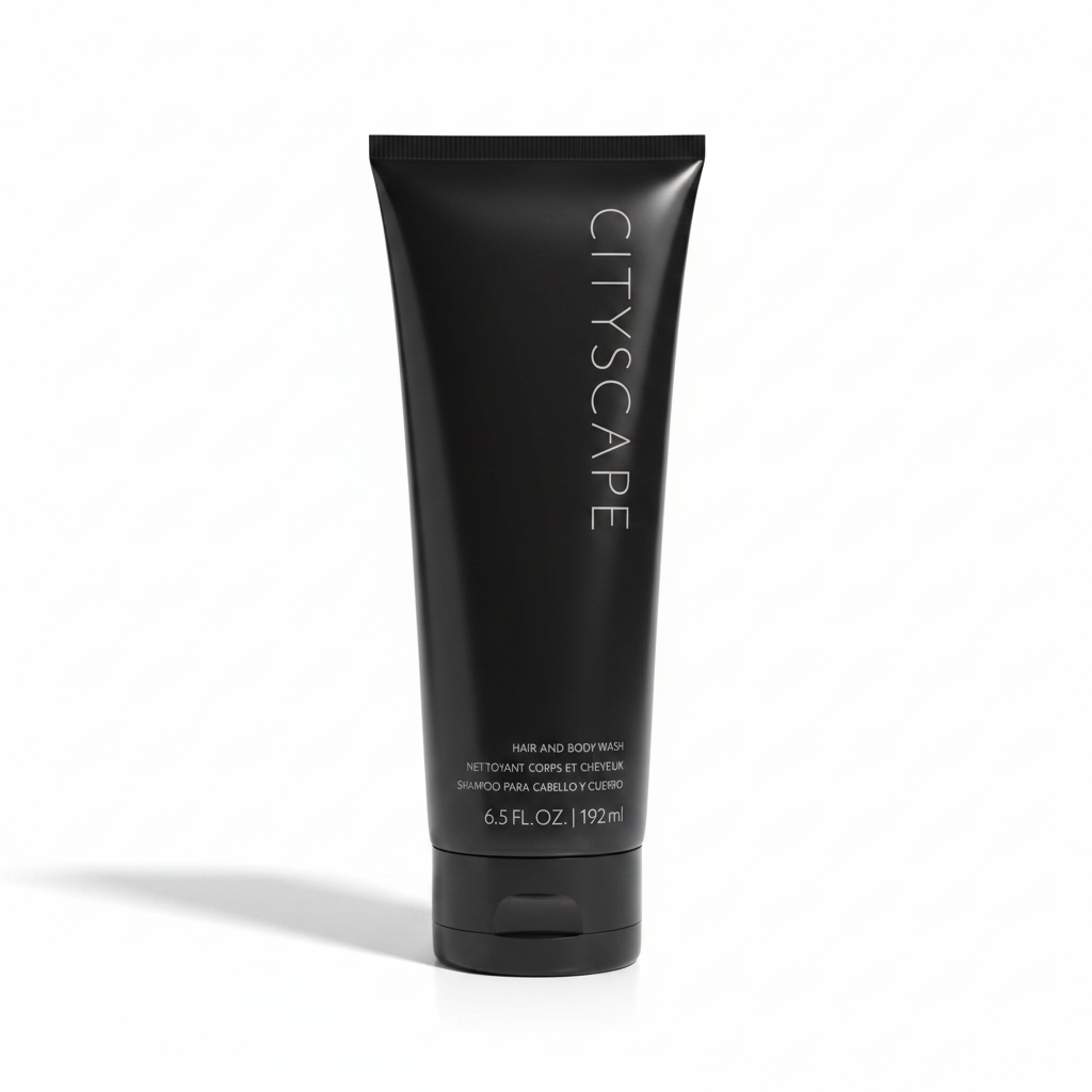 Lifestyle context image of Mary Kay Cityscape Hair and Body Wash (AI-generated for visual illustration only) – white surface minimalist men's grooming photography – More4less Outlet