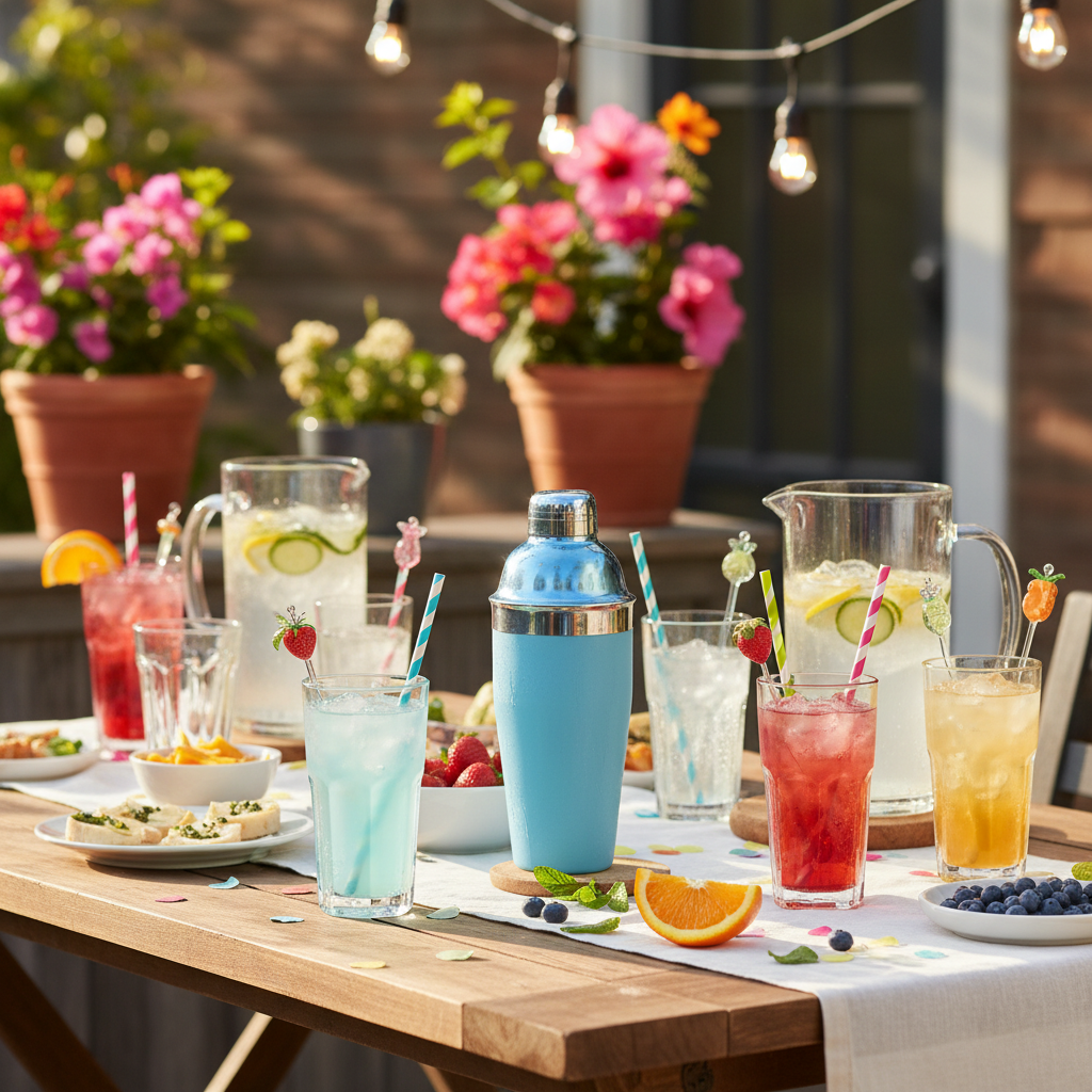 Festive outdoor patio table with powder blue cocktail shaker alongside chilled drinks with colorful straws and stirrers