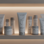 ZO Skin Health Exfoliating Cleanser 200mL displayed on a modern bathroom shelf with ambient backlighting and minimal skincare packaging
