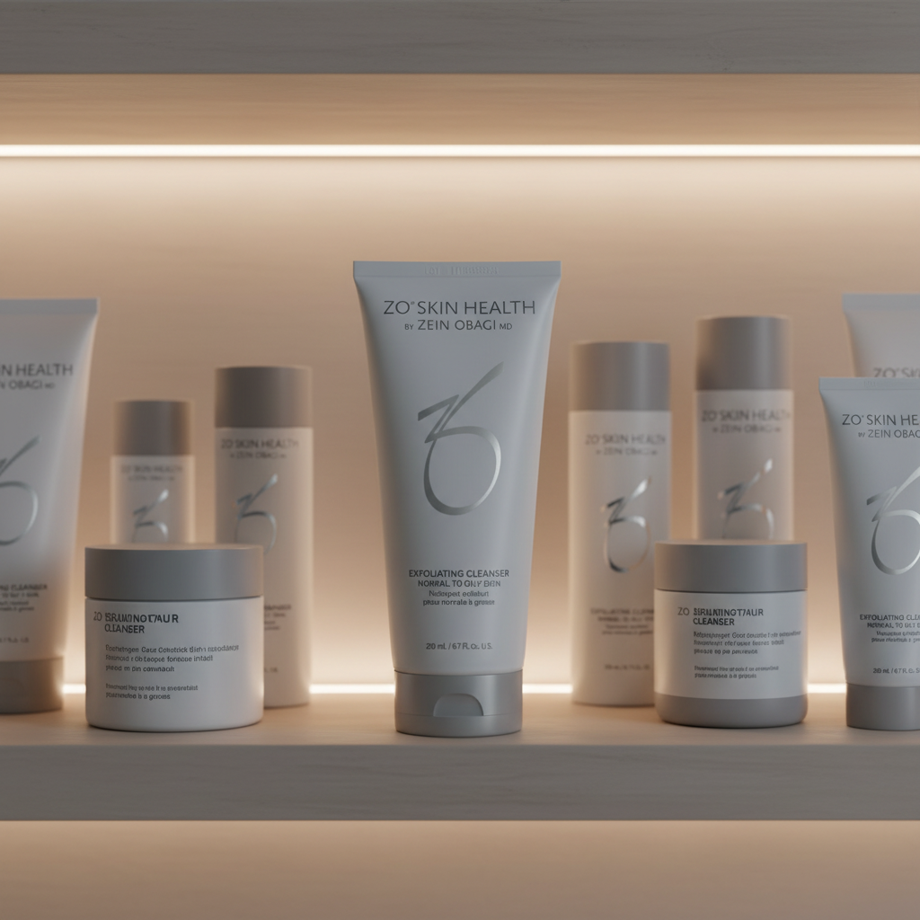 ZO Skin Health Exfoliating Cleanser 200mL displayed on a modern bathroom shelf with ambient backlighting and minimal skincare packaging