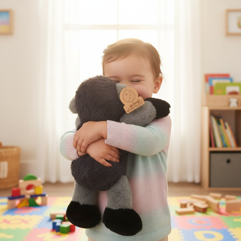 Child hugging Animal Adventure Gray Gorilla Plush in bright cheerful playroom - More4less Outlet