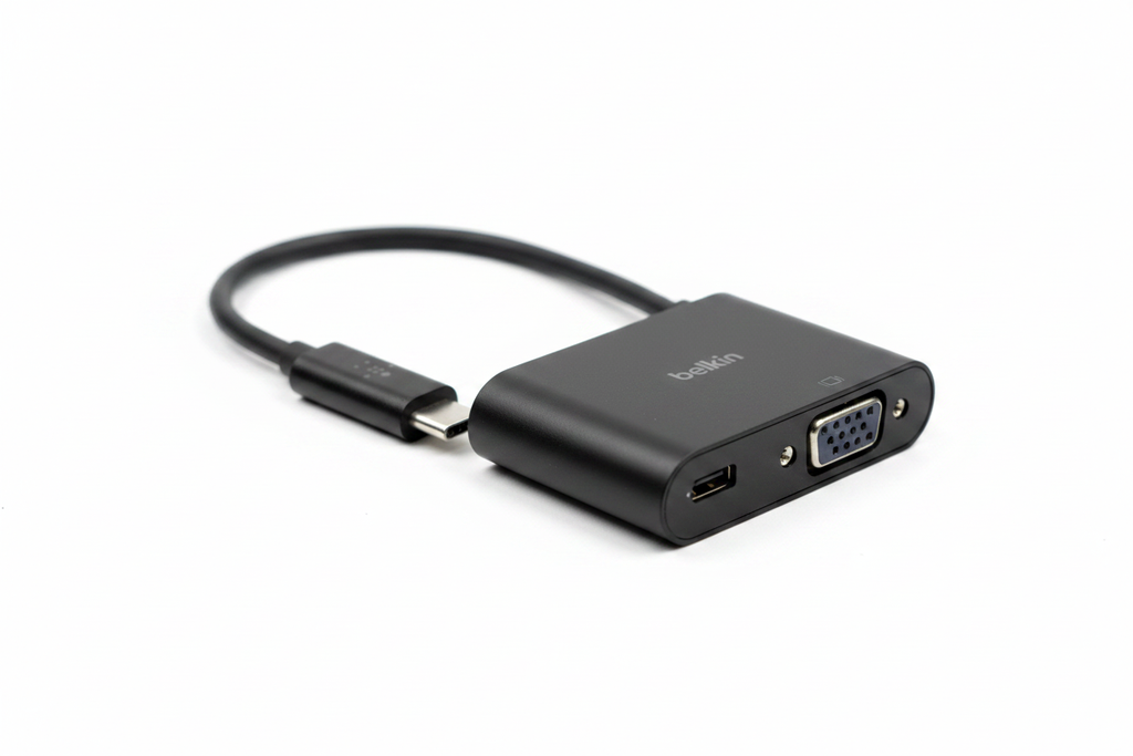 Belkin USB-C to VGA + Charge Adapter close-up showing VGA port, USB-C charging port, and tethered cable — More4less Outlet