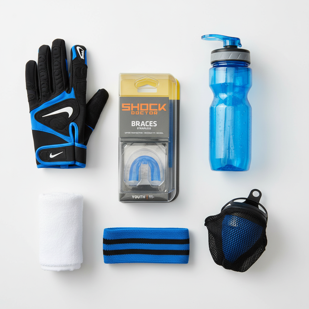Shock Doctor blue Braces mouthguard on white surface next to blue sports water bottle and athletic gear flatlay – More4less Outlet
