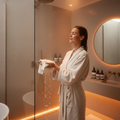 Woman in softly lit modern bathroom holding washcloth under warm running water during relaxing shower