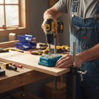 Lifestyle — woodworker using blue pocket-hole jig clamped to pine board on workshop table, drilling pocket hole with cordless drill — hands-on DIY editorial for visual context only