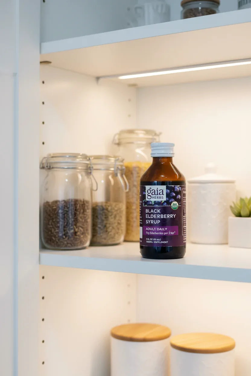 Gaia Herbs Black Elderberry Syrup in white kitchen pantry cabinet next to apothecary glass containers soft shelf lighting