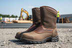 Side profile of Timberland PRO Excave pull-on work boots on gravel — 10-inch shaft slip and oil resistant rubber outsole electrical hazard rated