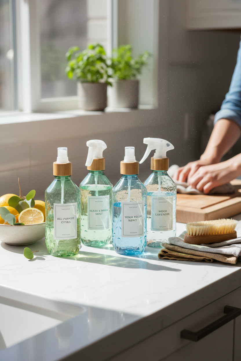 Eco-friendly home cleaning routine with sustainable glass-look spray bottles