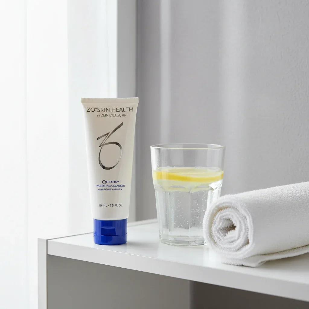 ZO Skin Health cleanser on organized white bathroom shelf with lemon water and spa towel