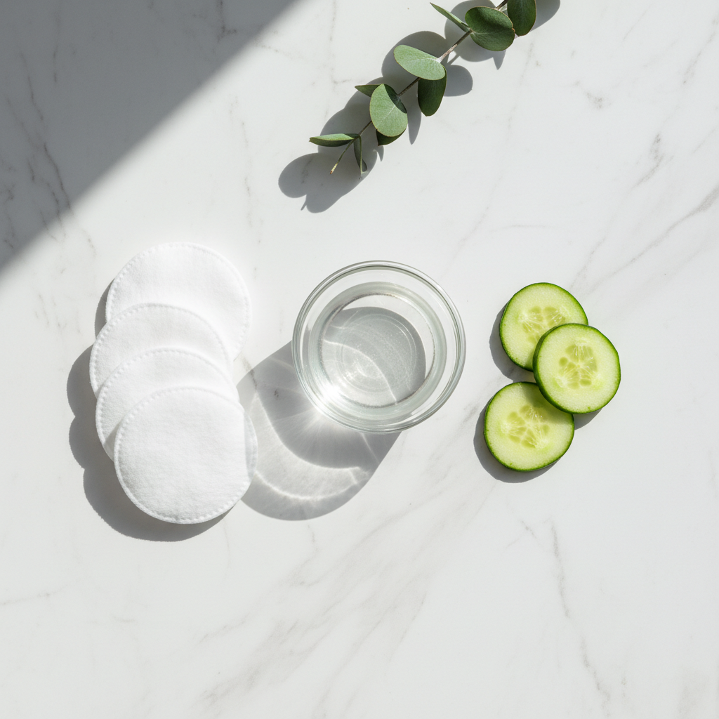 Minimalist skincare flat lay with cotton pads, clear liquid in a glass bowl, cucumber slices and green leaves on white marble