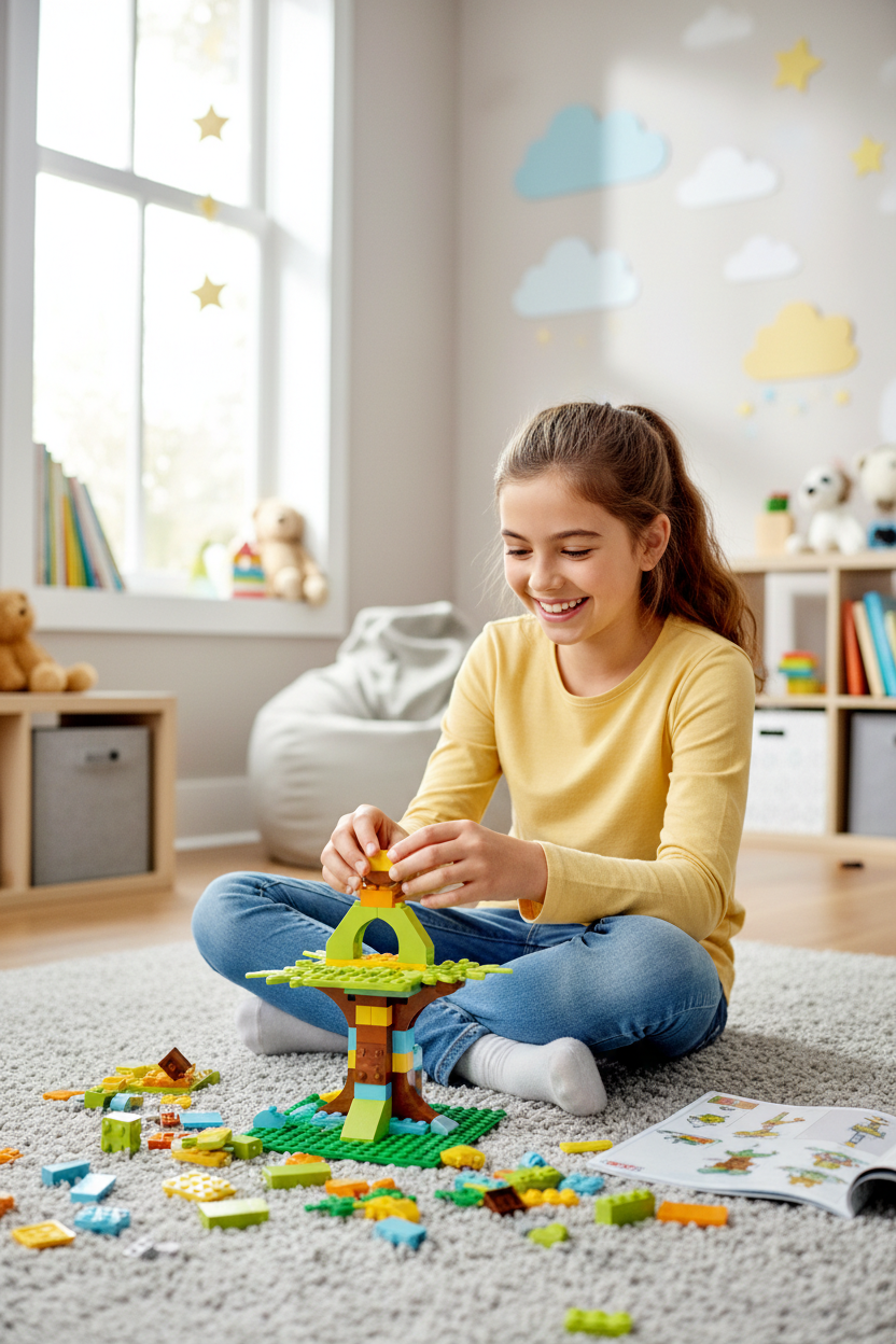 Young girl smiling and building a colorful LEGO set with yellow and green pieces on a bedroom floor