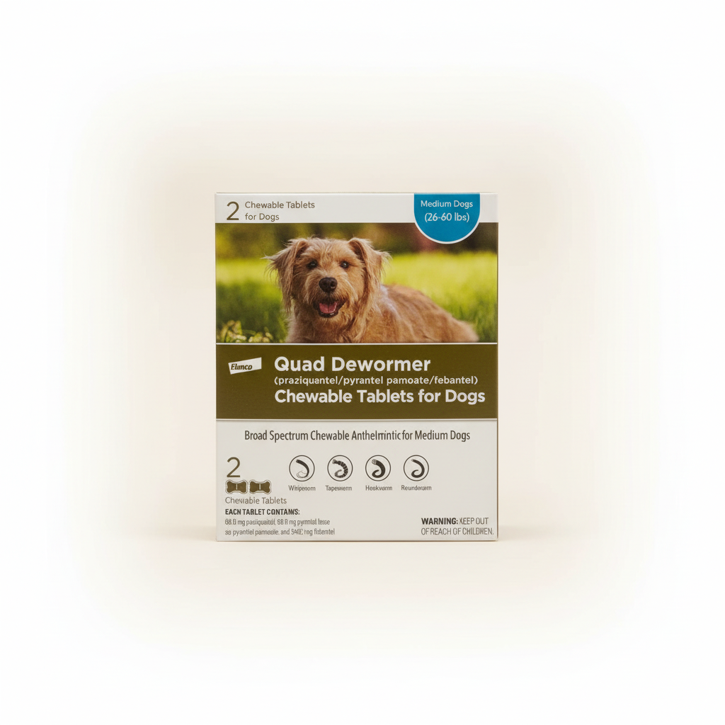 Elanco Quad Dewormer box for medium dogs 26–60 lb on a neutral studio surface