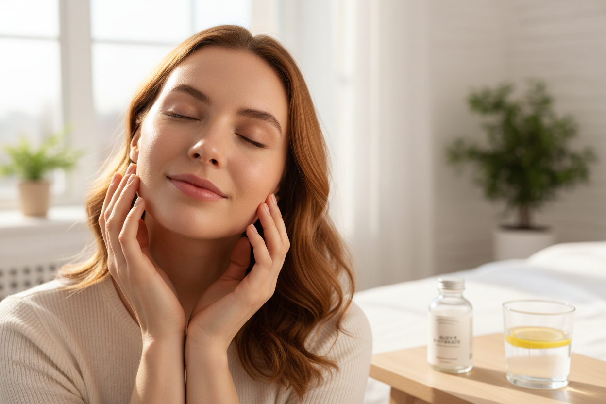 Woman with glowing healthy skin touching her face gently in soft natural window light, skin hydration lifestyle