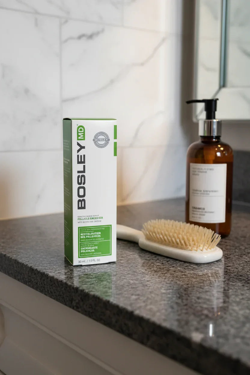 BosleyMD Follicle Energizer box on dark granite vanity with ceramic hairbrush and amber shampoo bottle — More4less Outlet