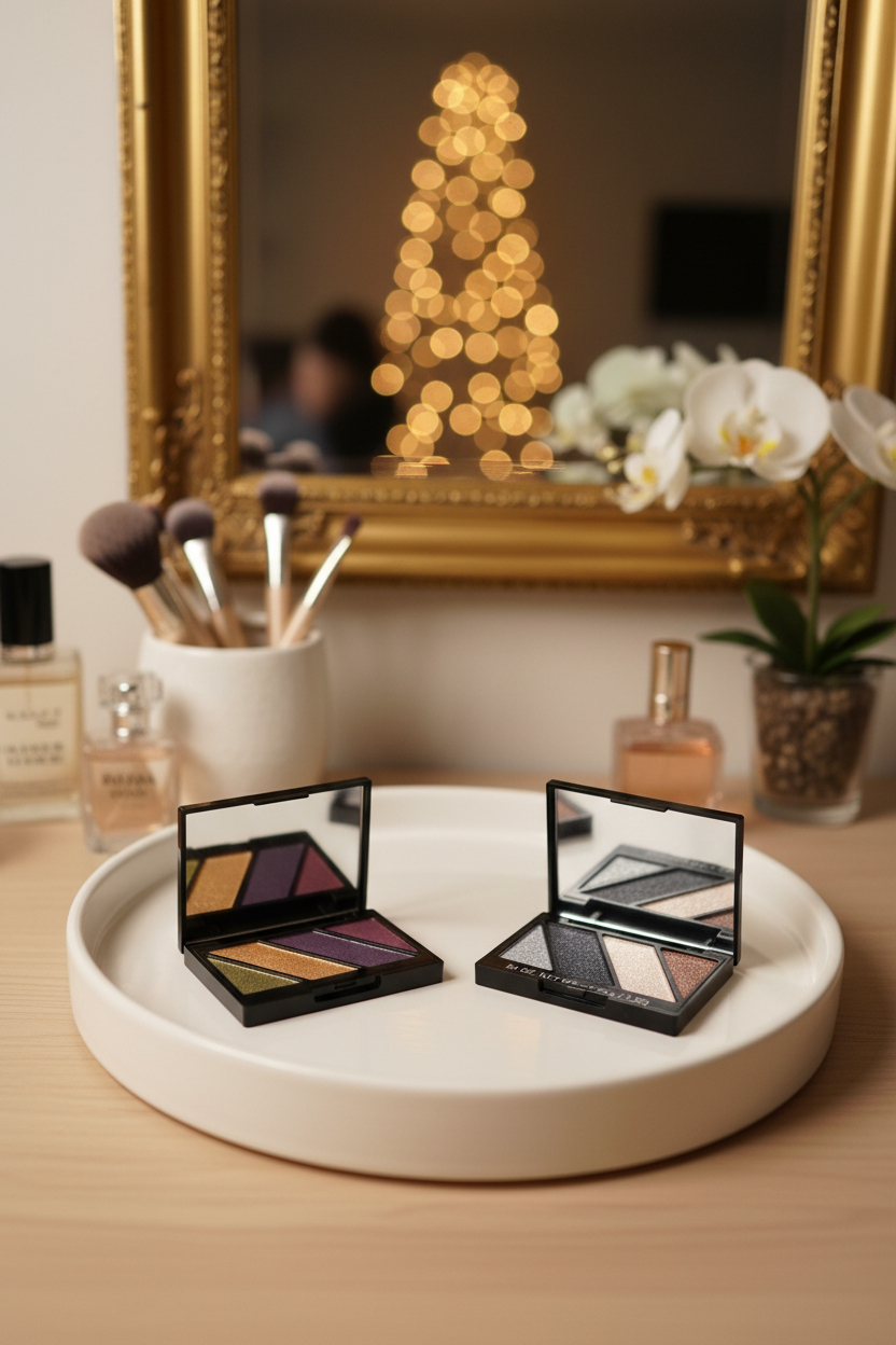 Two Mary Kay Mineral Eye Color Quad compacts open on white vanity tray with mirror and warm lighting