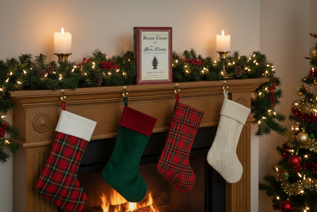 The Autobiography of Santa Claus by Jeff Guinn hardcover displayed on Christmas mantelpiece with garland and candles – More4less Outlet