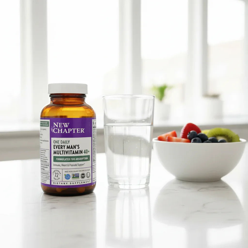 New Chapter Every Man's 40+ Multivitamin amber bottle on white quartz breakfast bar with glass of water and ceramic bowl of healthy fruit