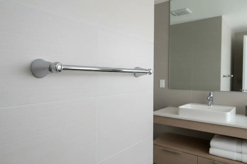 Professional hardware install setup focusing on polished chrome metallic towel bar in a modern washroom