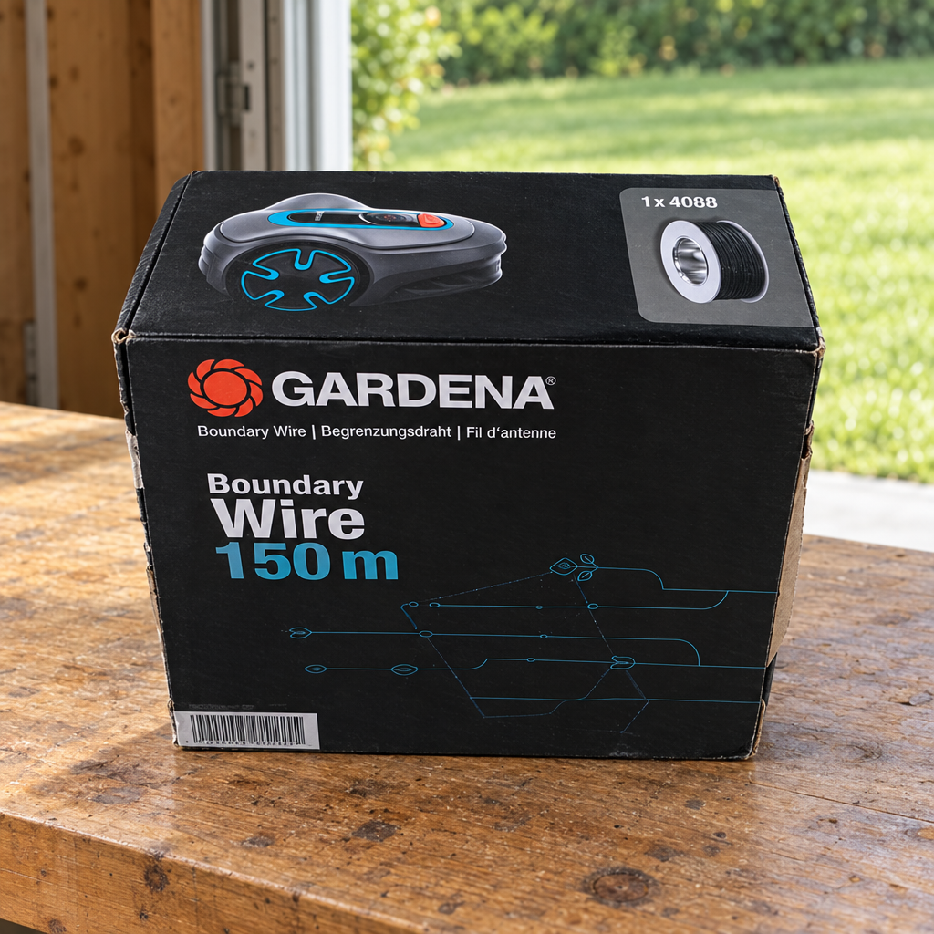 GARDENA Boundary Wire 150 m box on a garage workbench near a lawn