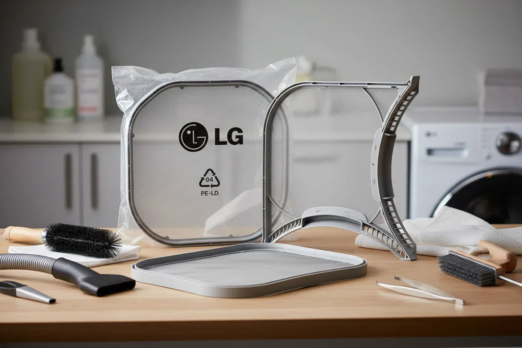 Dryer lint traps and cleaning tools arranged on a laundry room table surface