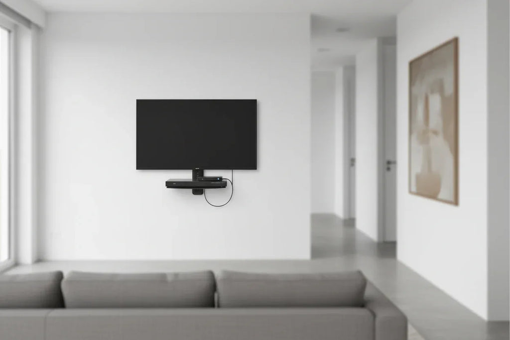 Minimalist home entertainment area featuring a wall-mounted AV shelf supporting a streaming device beneath a flat panel television
