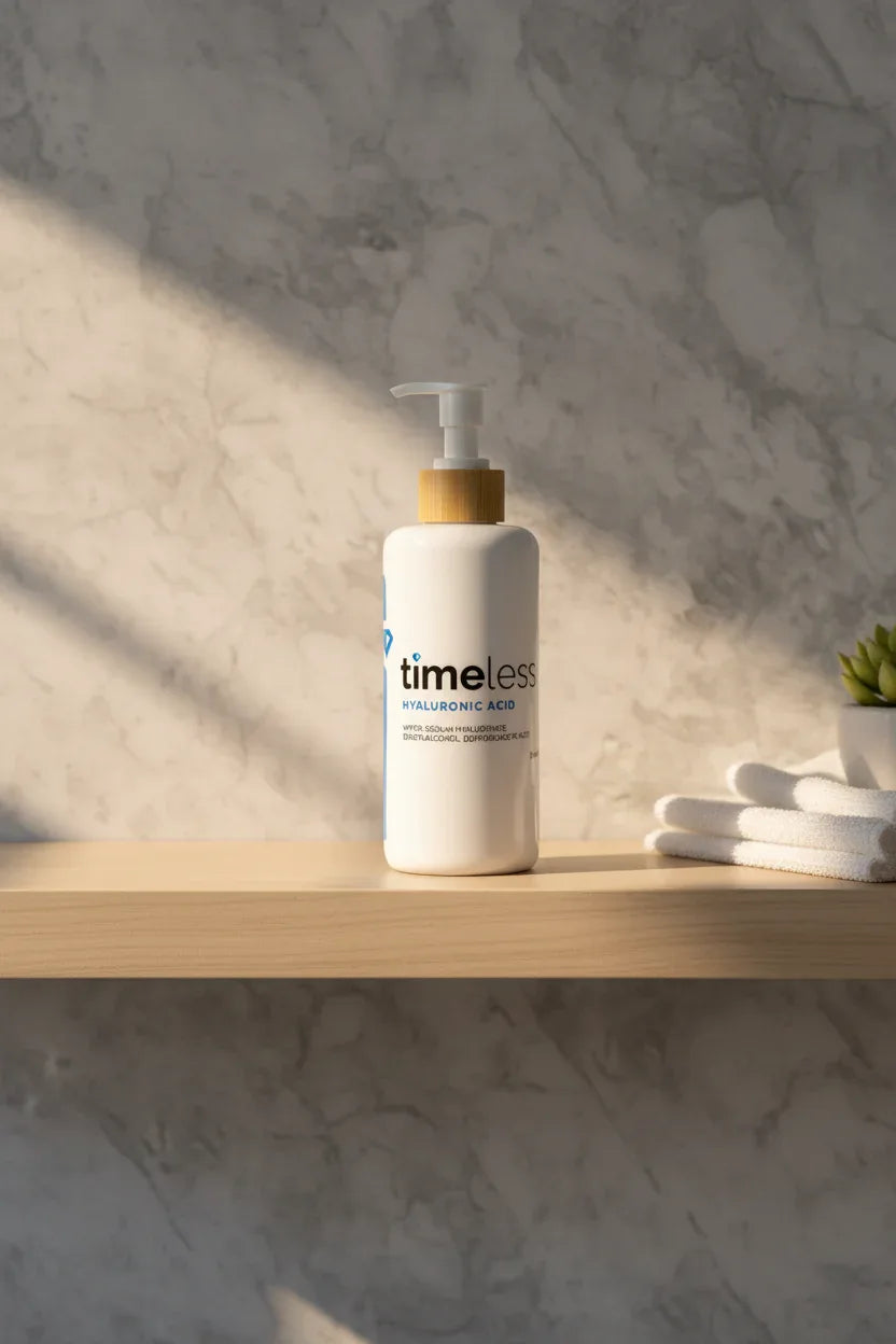 Clean minimalist bathroom shelf displaying a large white high-capacity skincare bottle with bamboo pump in soft morning light