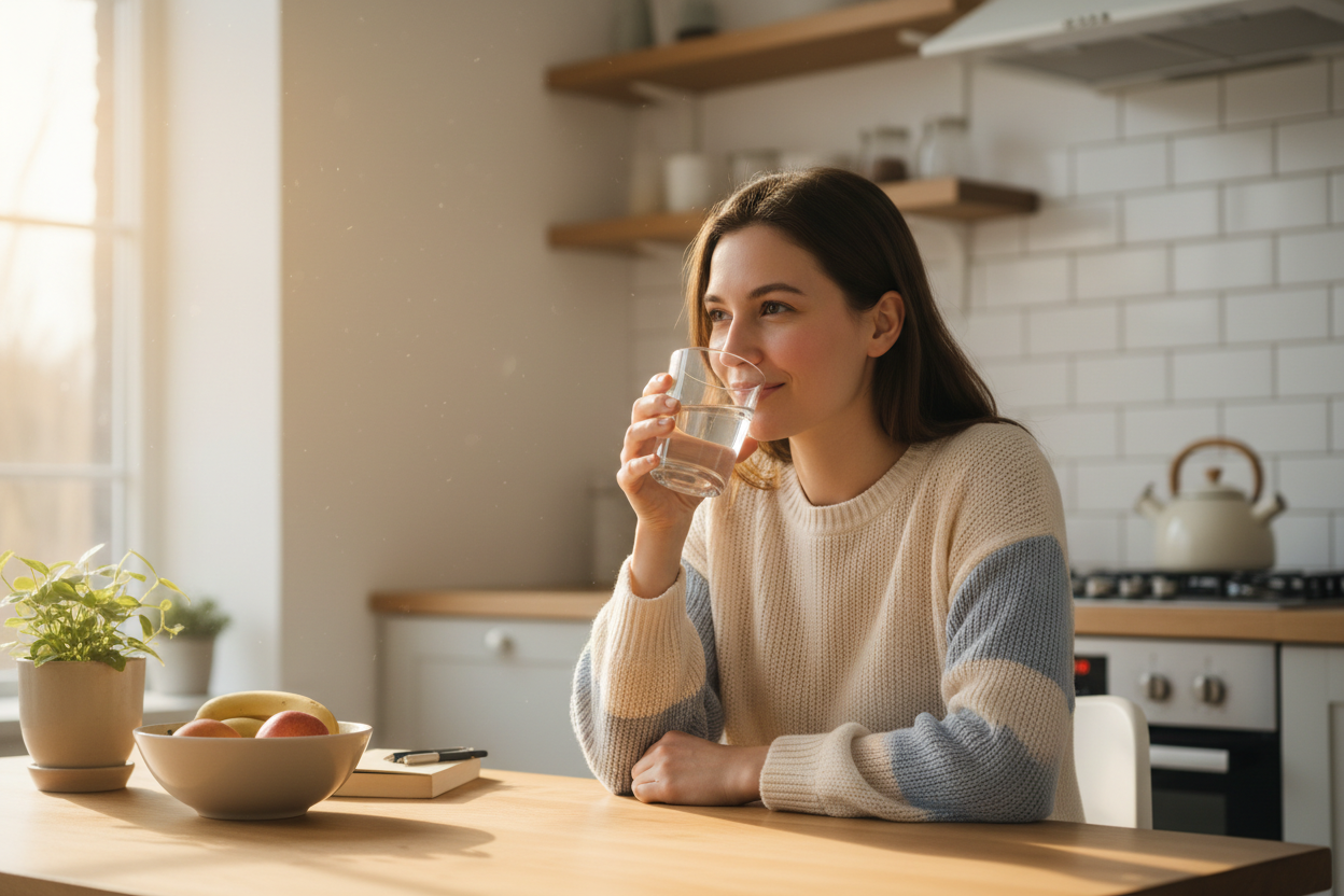 Person feeling better and smiling while drinking a glass of water at a bright kitchen table, flu recovery lifestyle