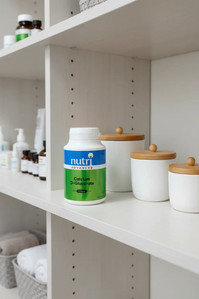 Nutri Advanced Calcium D-Glucarate on white oak shelf in organized family health closet with premium apothecary jars