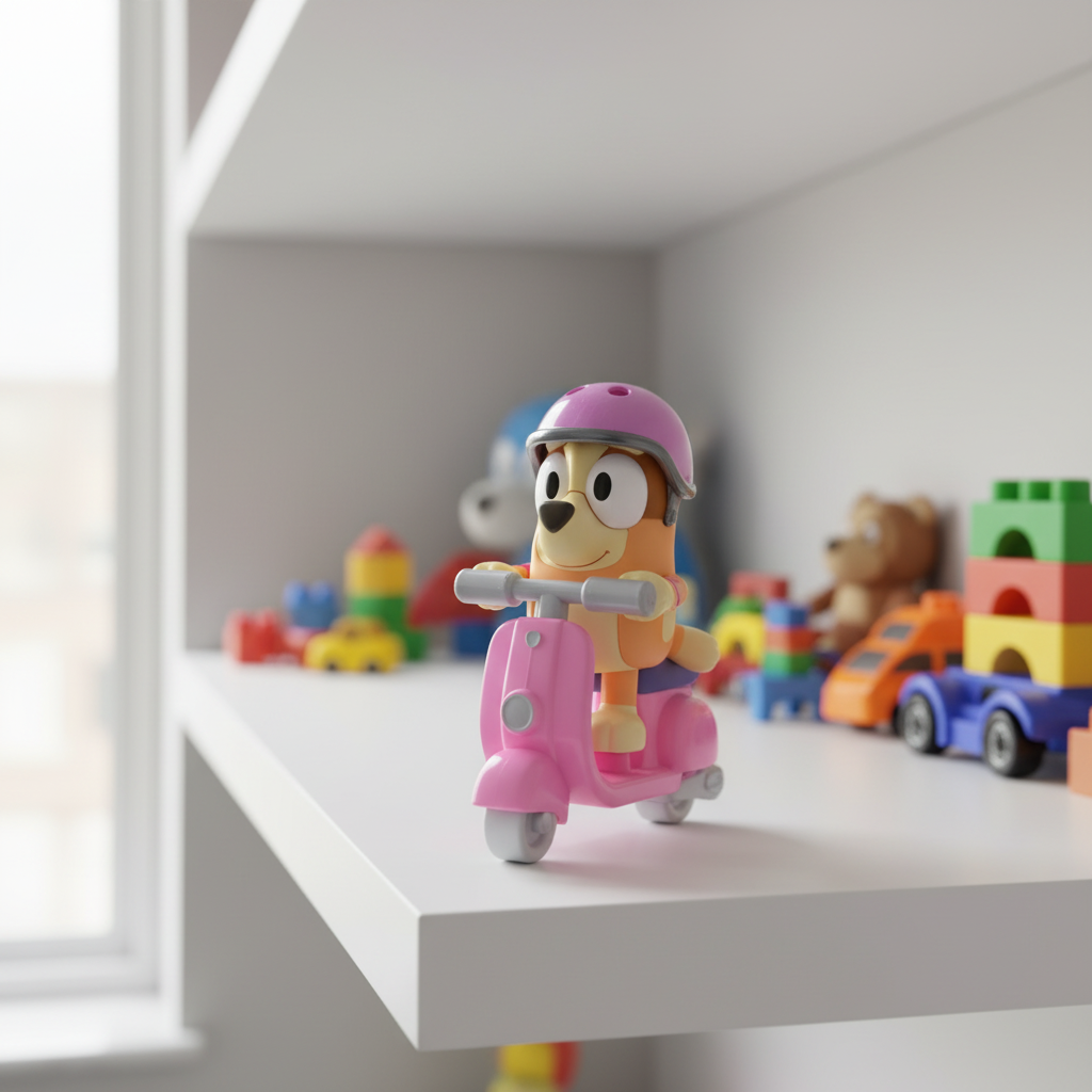 Bluey Chat Mates Bingo with Scooter talking figure — 5-inch Bingo action figure in orange/tan with articulated arms and legs seated on pink toy scooter with pink helmet on a bright white children's playroom shelf