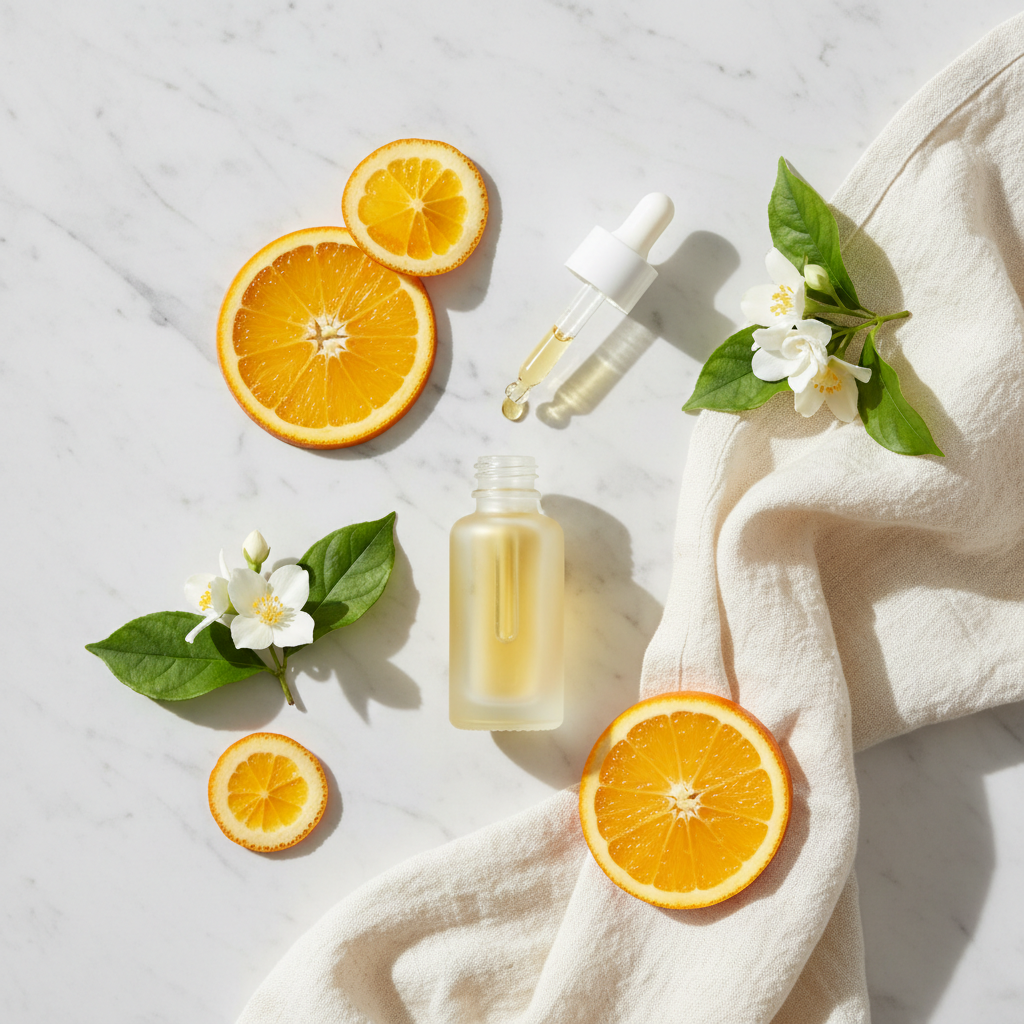 Elegant flat lay of brightening skincare serum with vitamin C slices and white flowers on marble