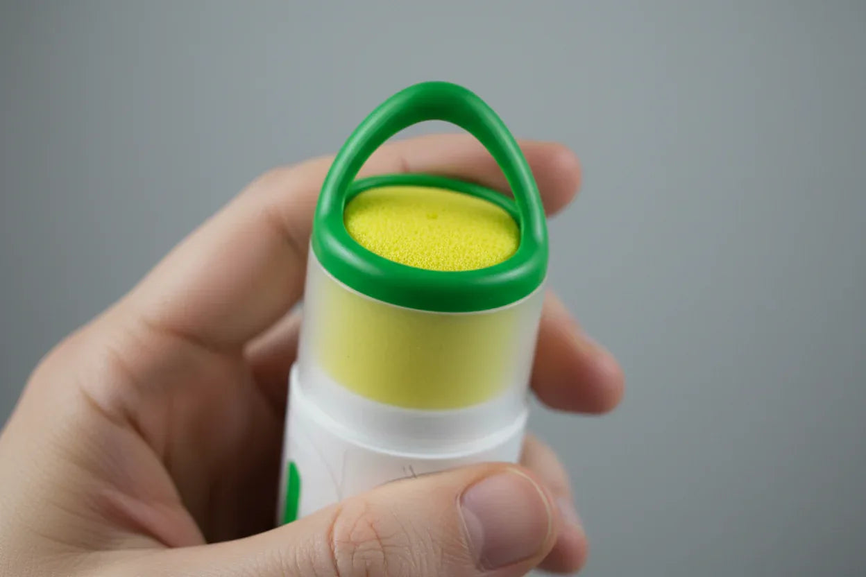 In-hand close-up of Will Relieve ergonomic roll-on applicator head with shallow depth of field