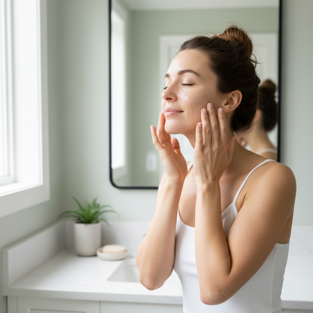 Woman smoothing lightweight moisturizer over her face and neck at a bathroom mirror during her morning skincare routine